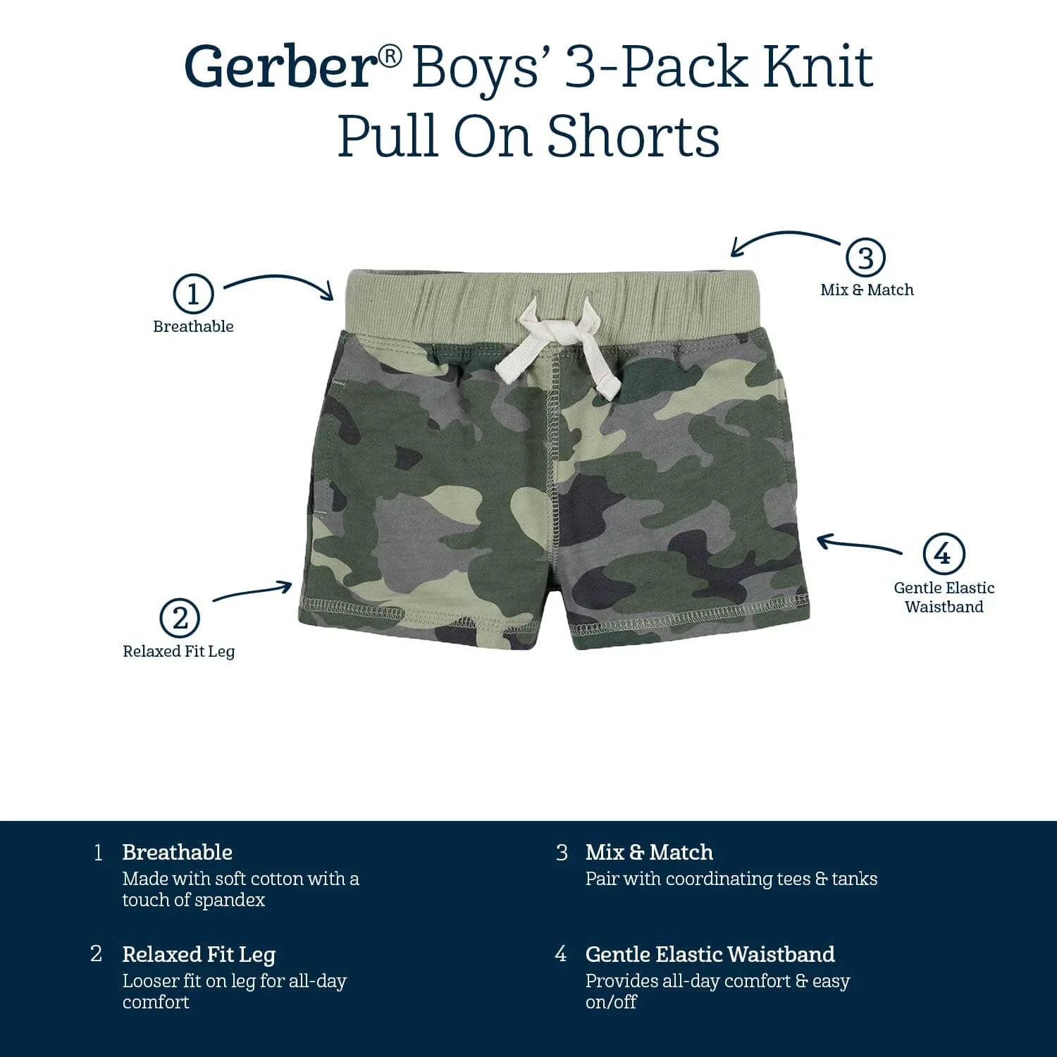 3-Pack Baby & Toddler Boys Color Me Camo Pull-On Knit Shorts Gerber Childrenswea