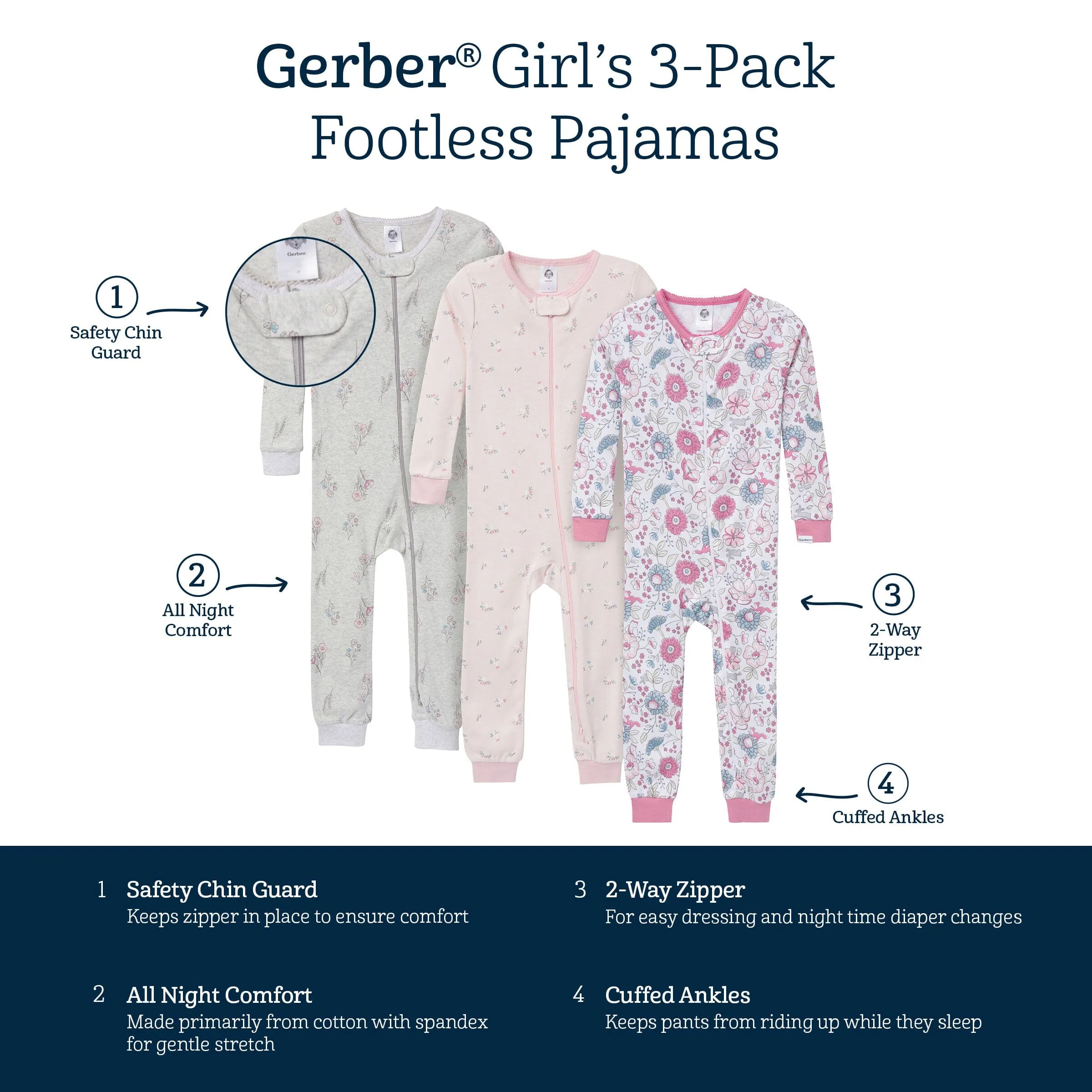 3-Pack Baby & Toddler Girls Woodland Floral Snug Fit Footless Pajamas Gerber Childrenswea