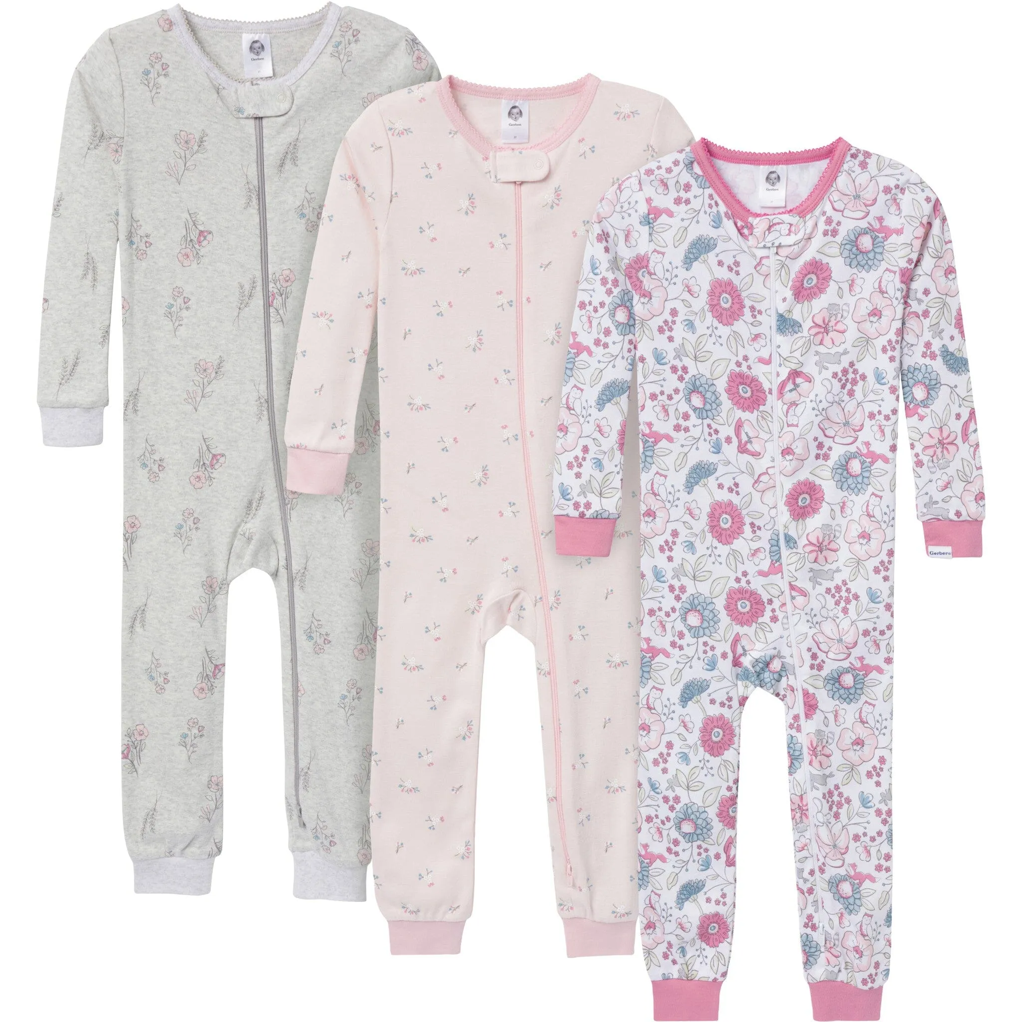 3-Pack Baby & Toddler Girls Woodland Floral Snug Fit Footless Pajamas Gerber Childrenswea