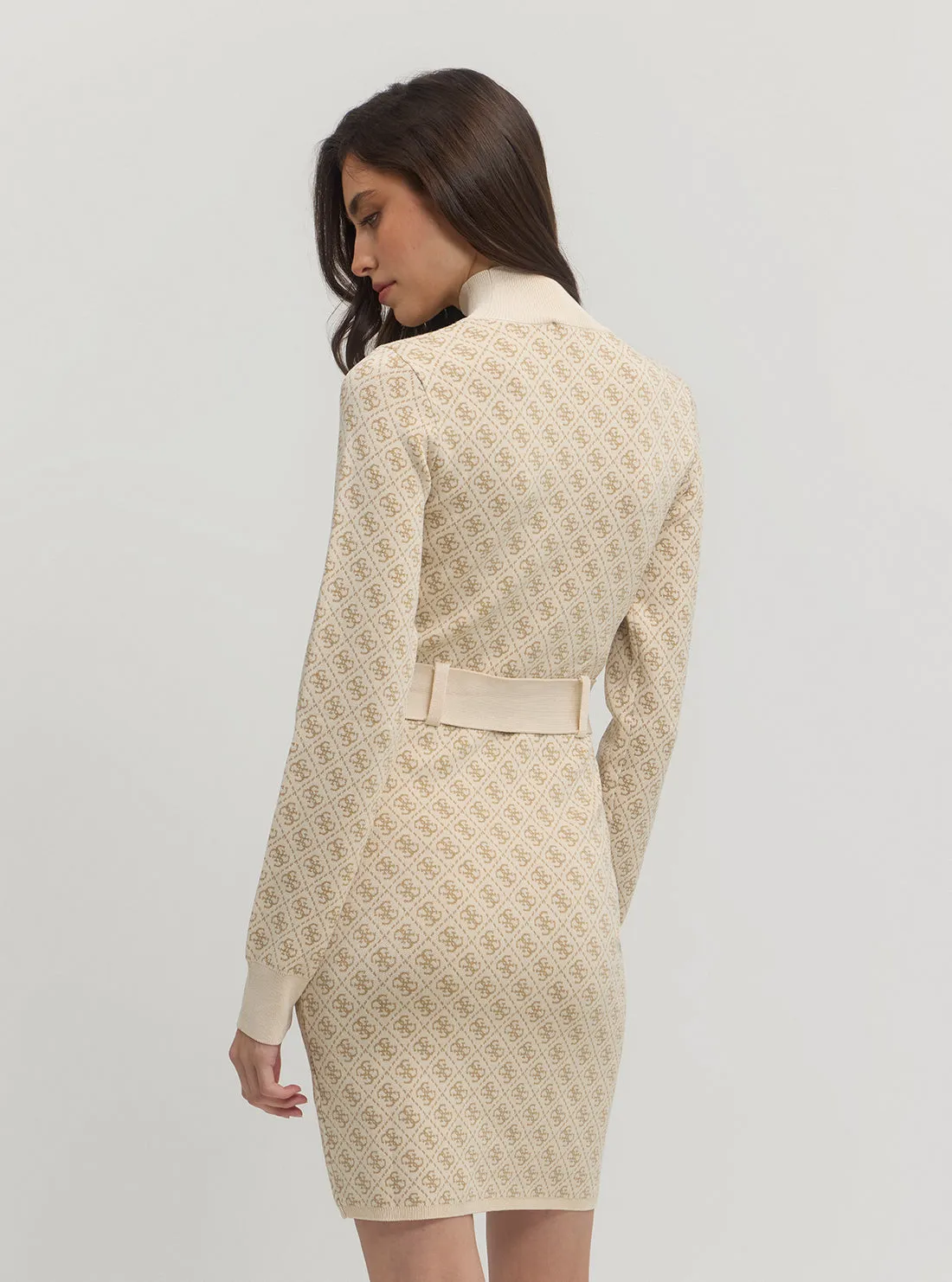 Beige Logo Belted Knit Midi Dress Guess