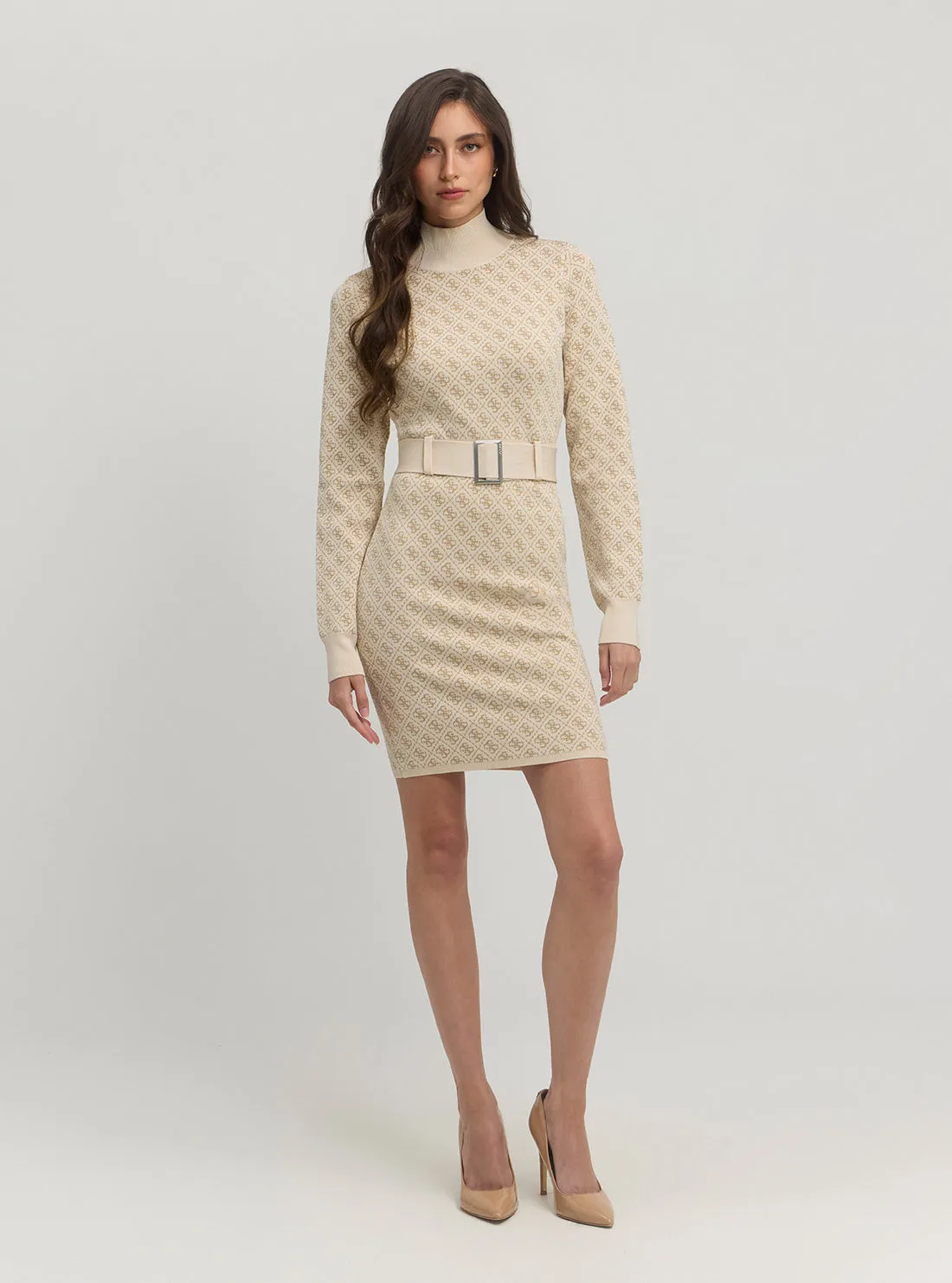 Beige Logo Belted Knit Midi Dress Guess