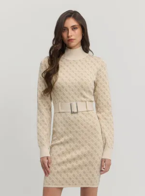Beige Logo Belted Knit Midi Dress Guess
