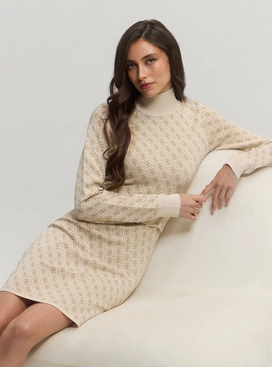 Beige Logo Belted Knit Midi Dress Guess