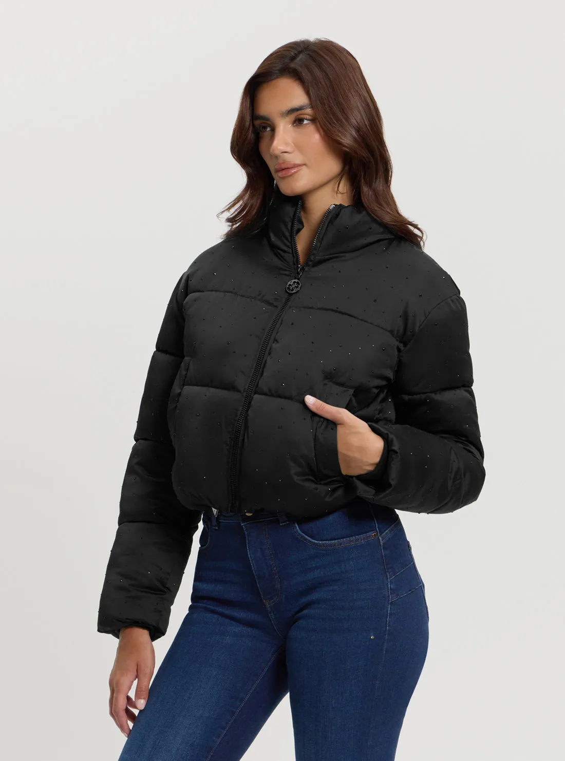 Black Antonia Strass Puffer Jacket Guess
