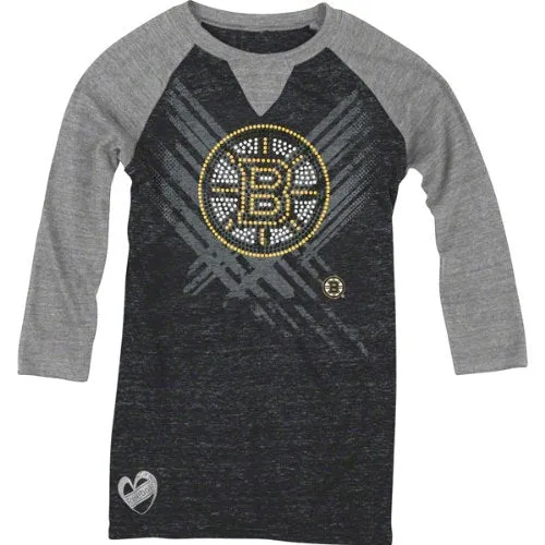 Reebok NHL Youth Girl's Boston Bruins Logo 3/4 Sleeve Raglan Tee T-Shirt, Grey