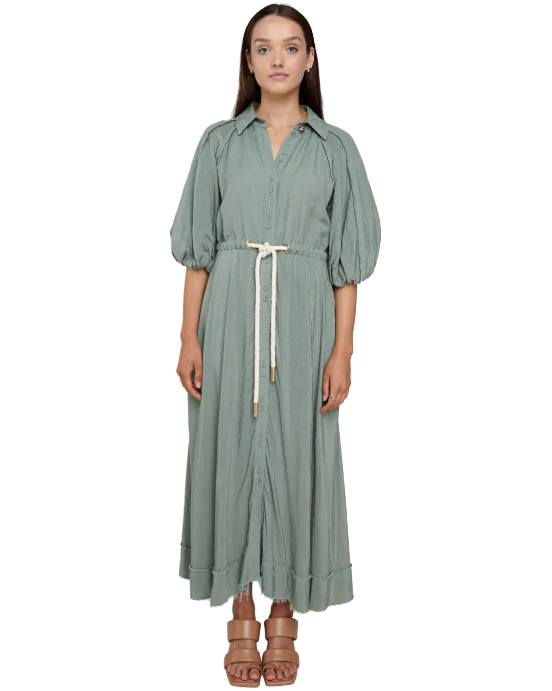 Size 10 | Aje Sage Linen Blend Bonjour Belted Midi Shirt Dress