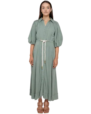 Size 10 | Aje Sage Linen Blend Bonjour Belted Midi Shirt Dress