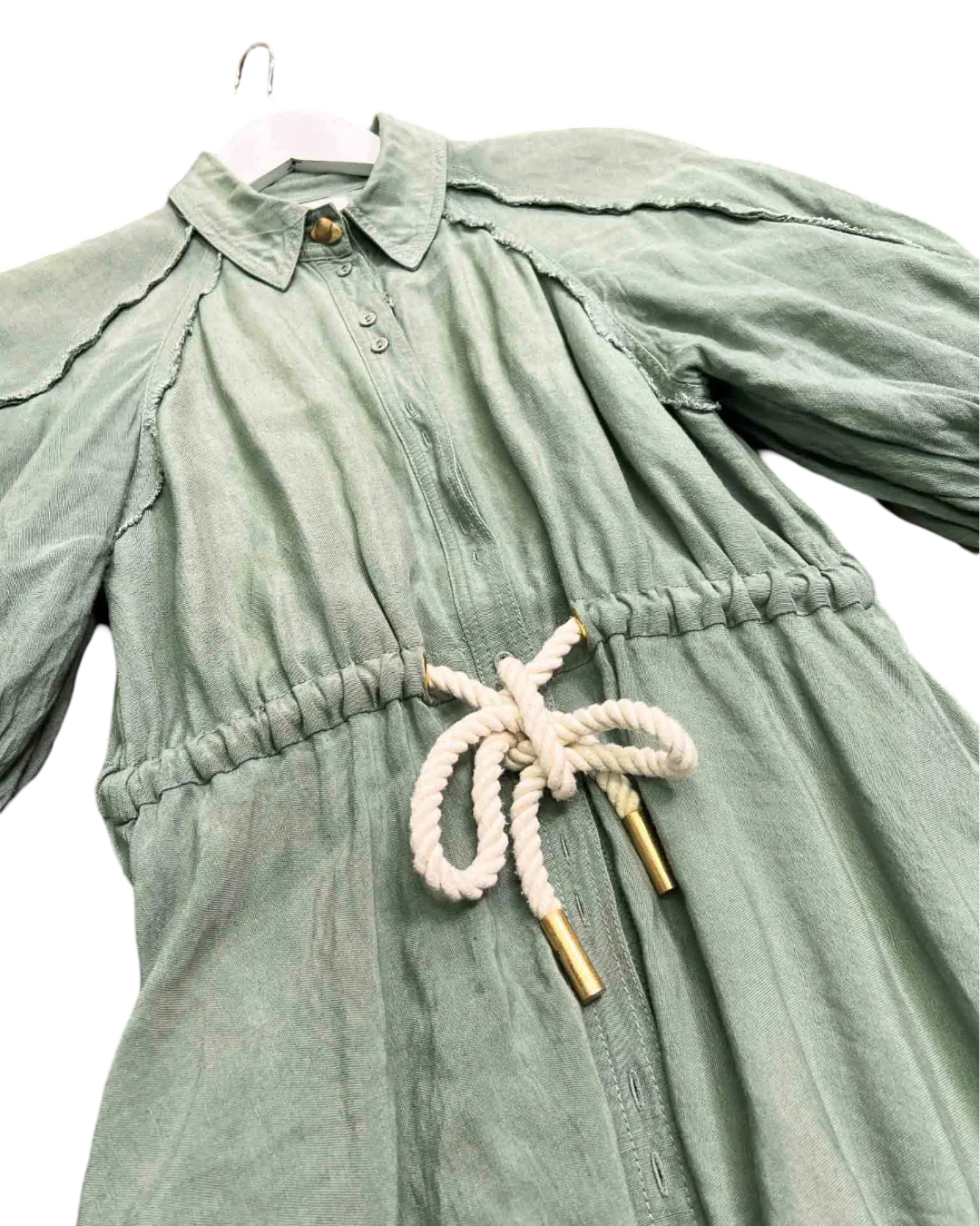 Size 10 | Aje Sage Linen Blend Bonjour Belted Midi Shirt Dress