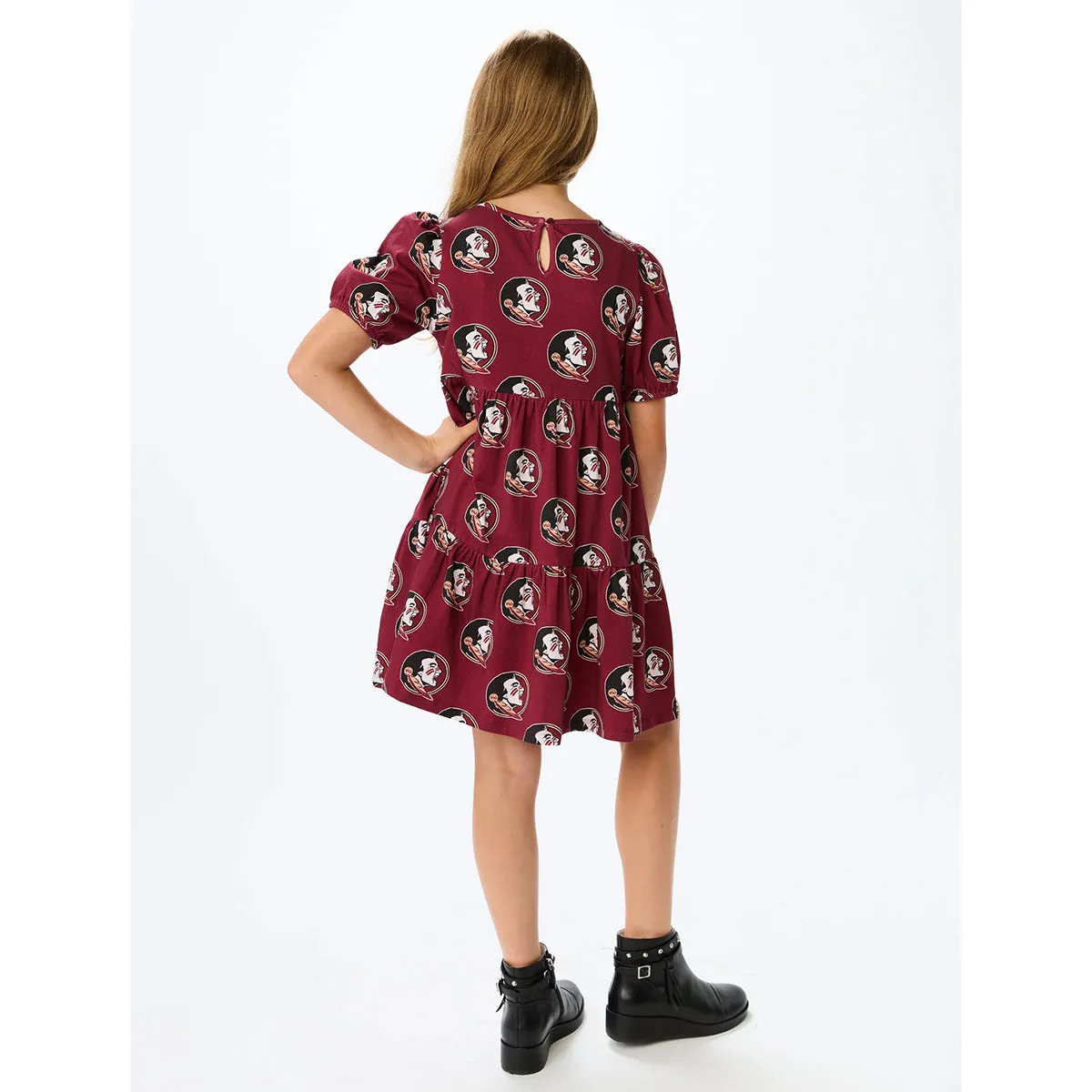 Stewart Simmons Girl's Seminole Logo Pattern Tiered Dress - Garnet