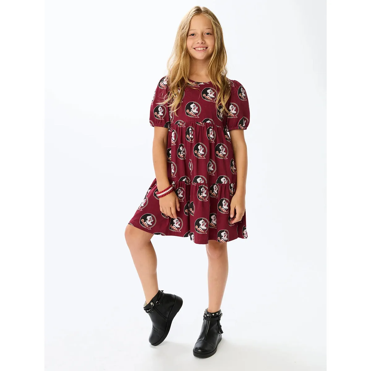 Stewart Simmons Girl's Seminole Logo Pattern Tiered Dress - Garnet