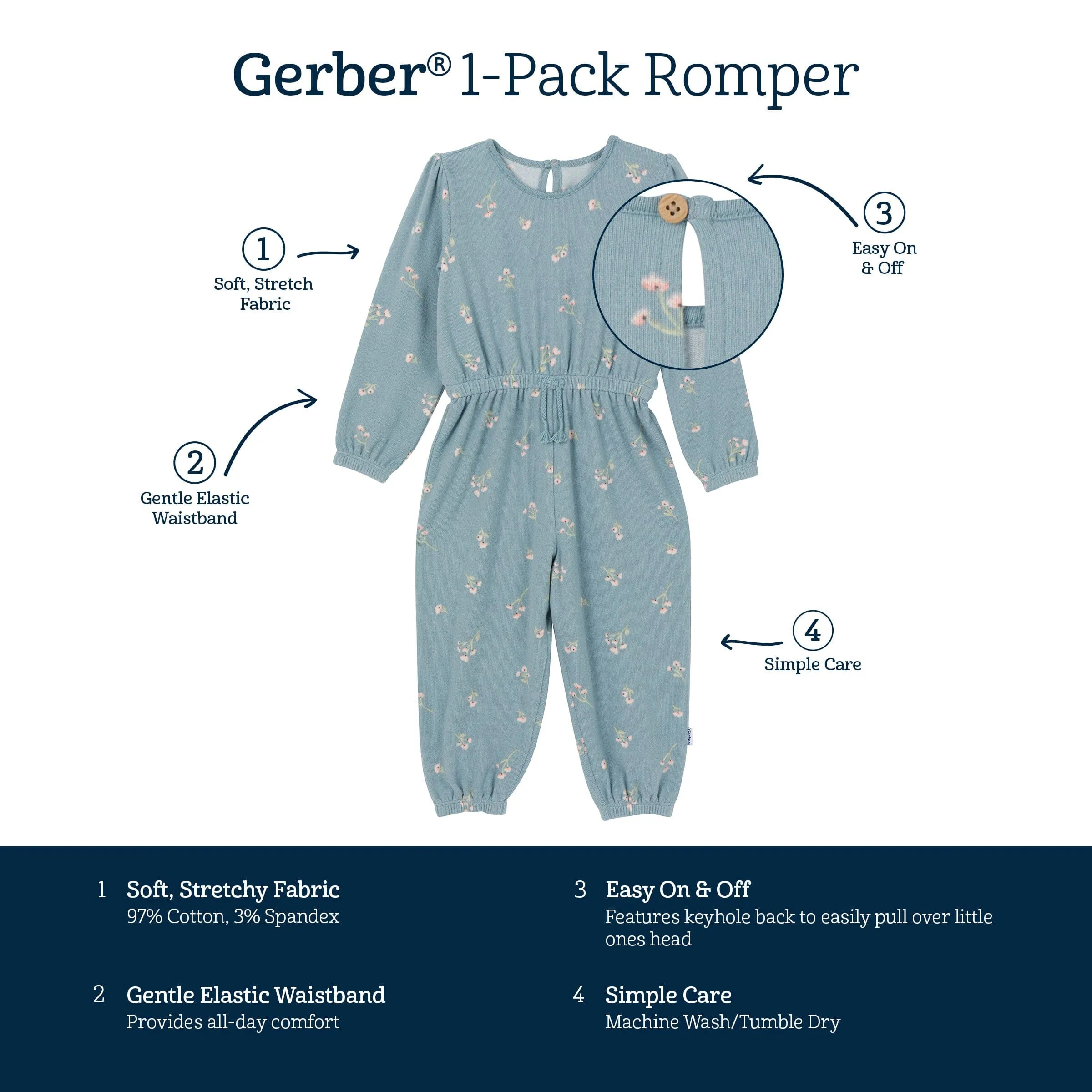 Toddler Girls Blue Floral Hacci Jumpsuit Gerber Childrenswea