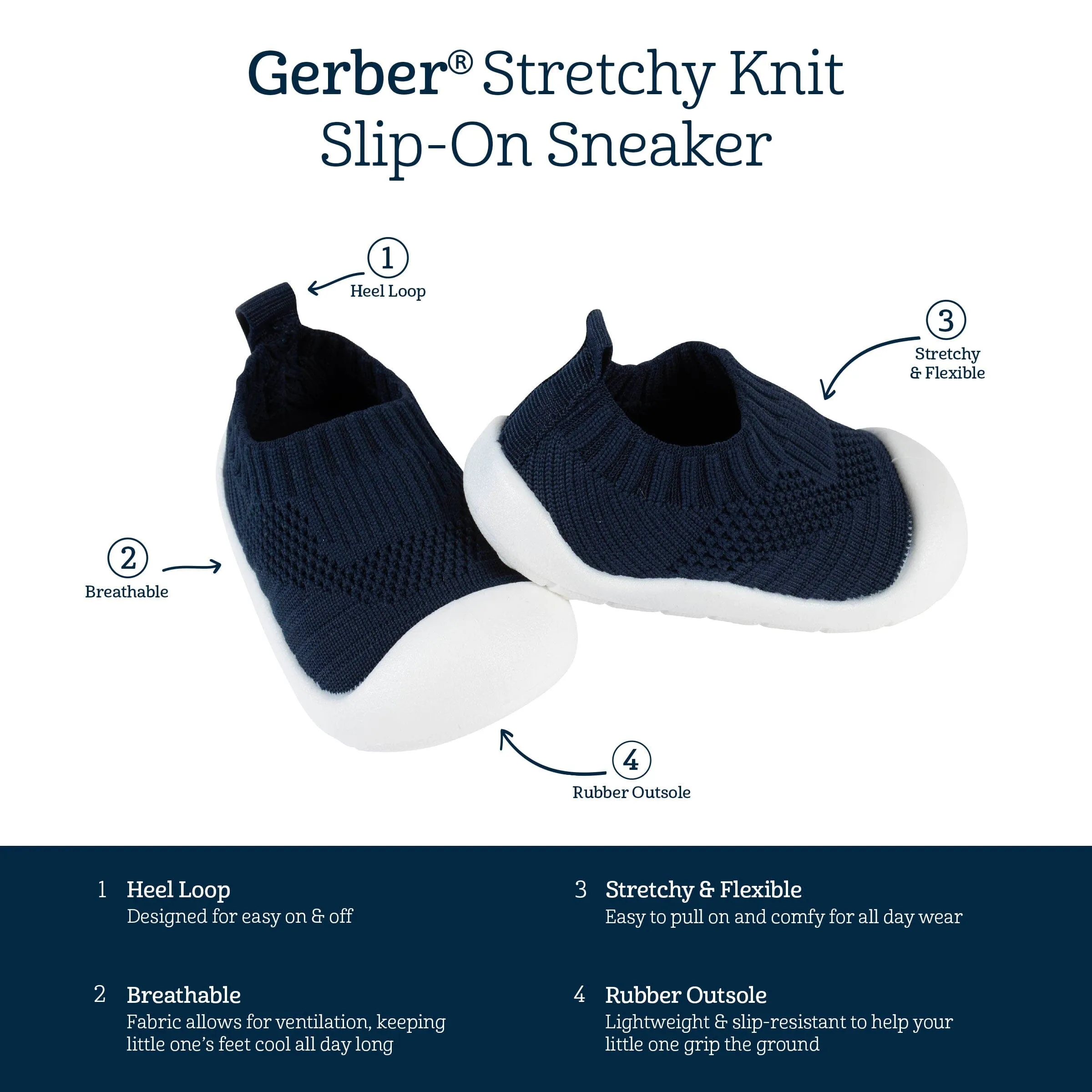 Toddler Neutral Navy Stretchy Knit Slip-On Sneaker Gerber Childrenswea